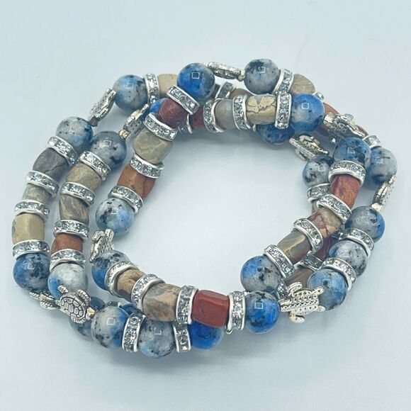 Sea Turtle K2 Picasso stone jasper crystal beaded stretch bracelet ONE NEW rhine - Picture 3 of 8